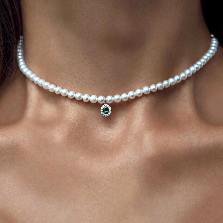 Green eye necklace with pearls/ 14k gold - Nuar Jewelry