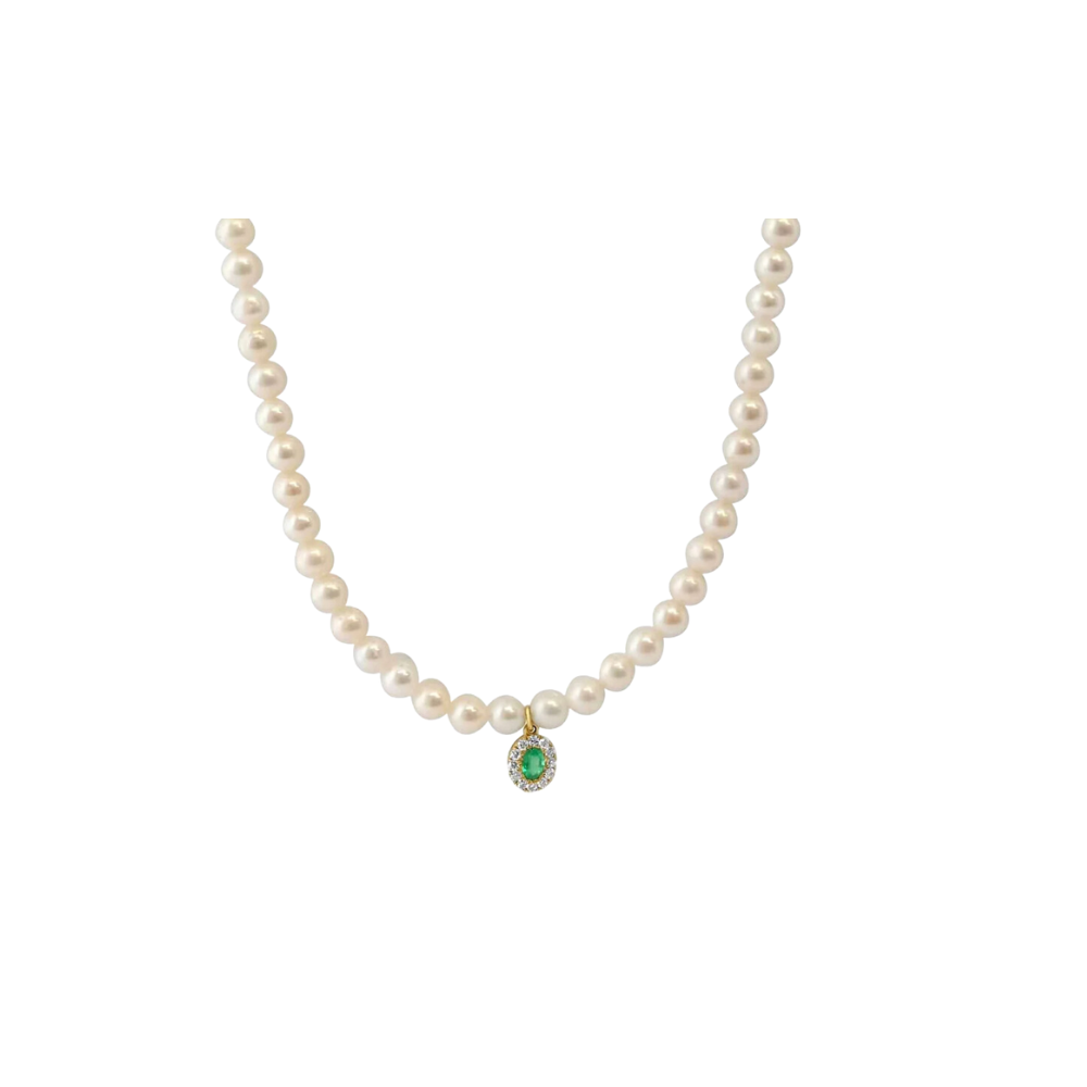 Green eye necklace with pearls/ 14k gold - Nuar Jewelry