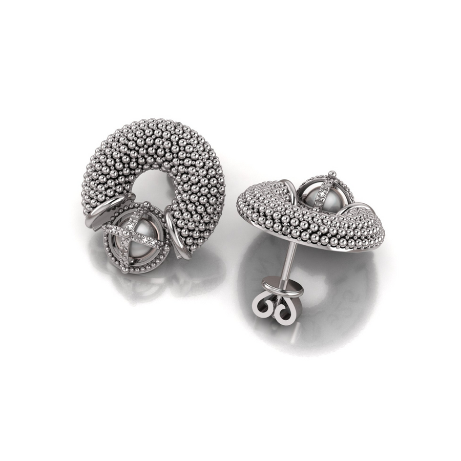 Pair of silver earrings on a white background