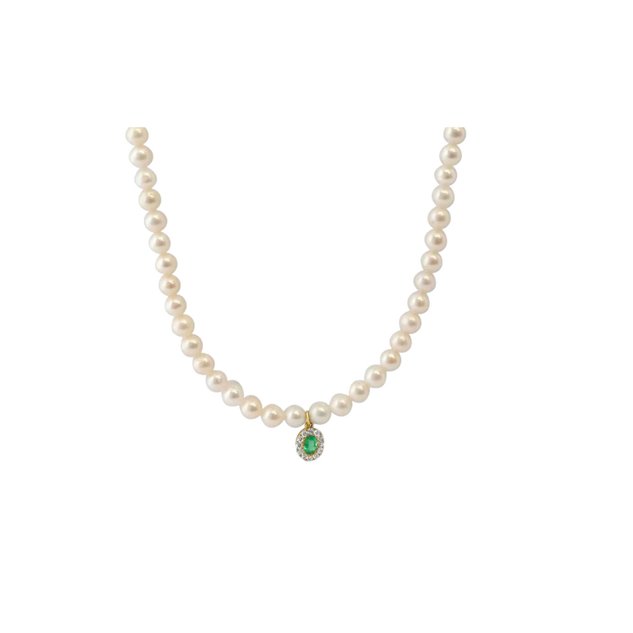 Green eye necklace with pearls/ 14k gold