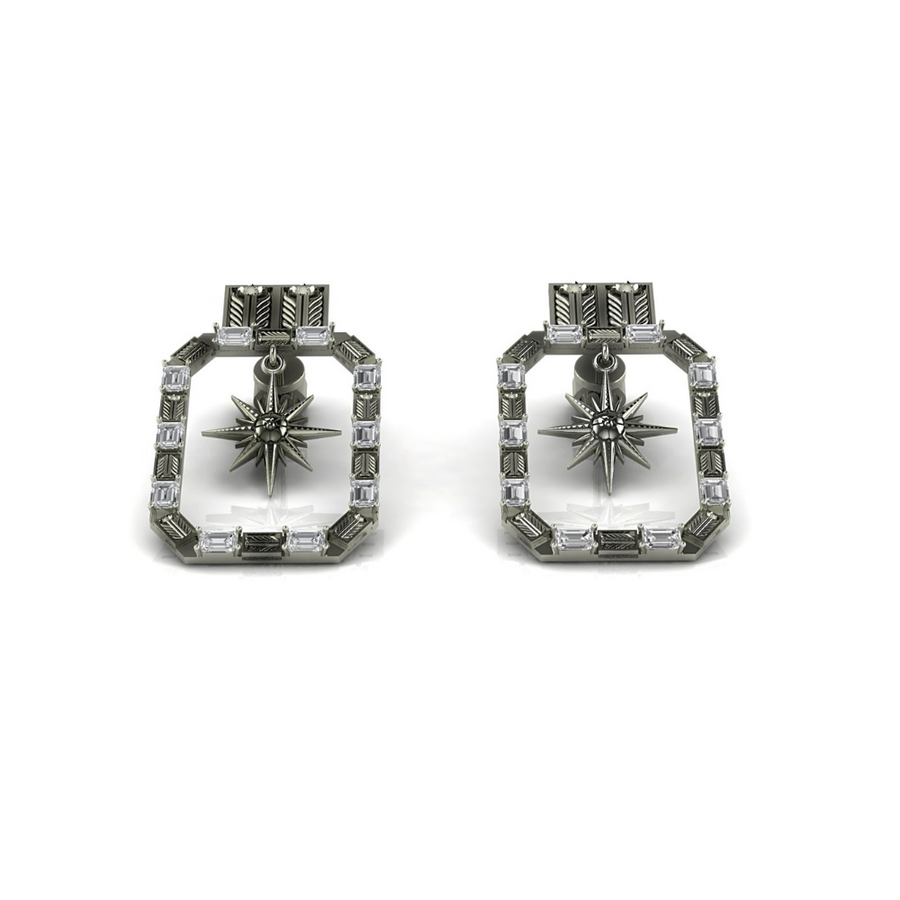 Pair of earrings with star-like designs on a white background
