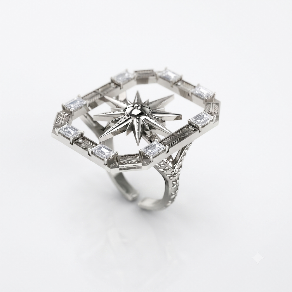 An Art Deco style silver ring featuring a central starburst motif surrounded by a geometric border set with baguette and round clear stones, photographed on a clean white background.