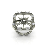 Silver ring with star design and diamond accents on a white background
