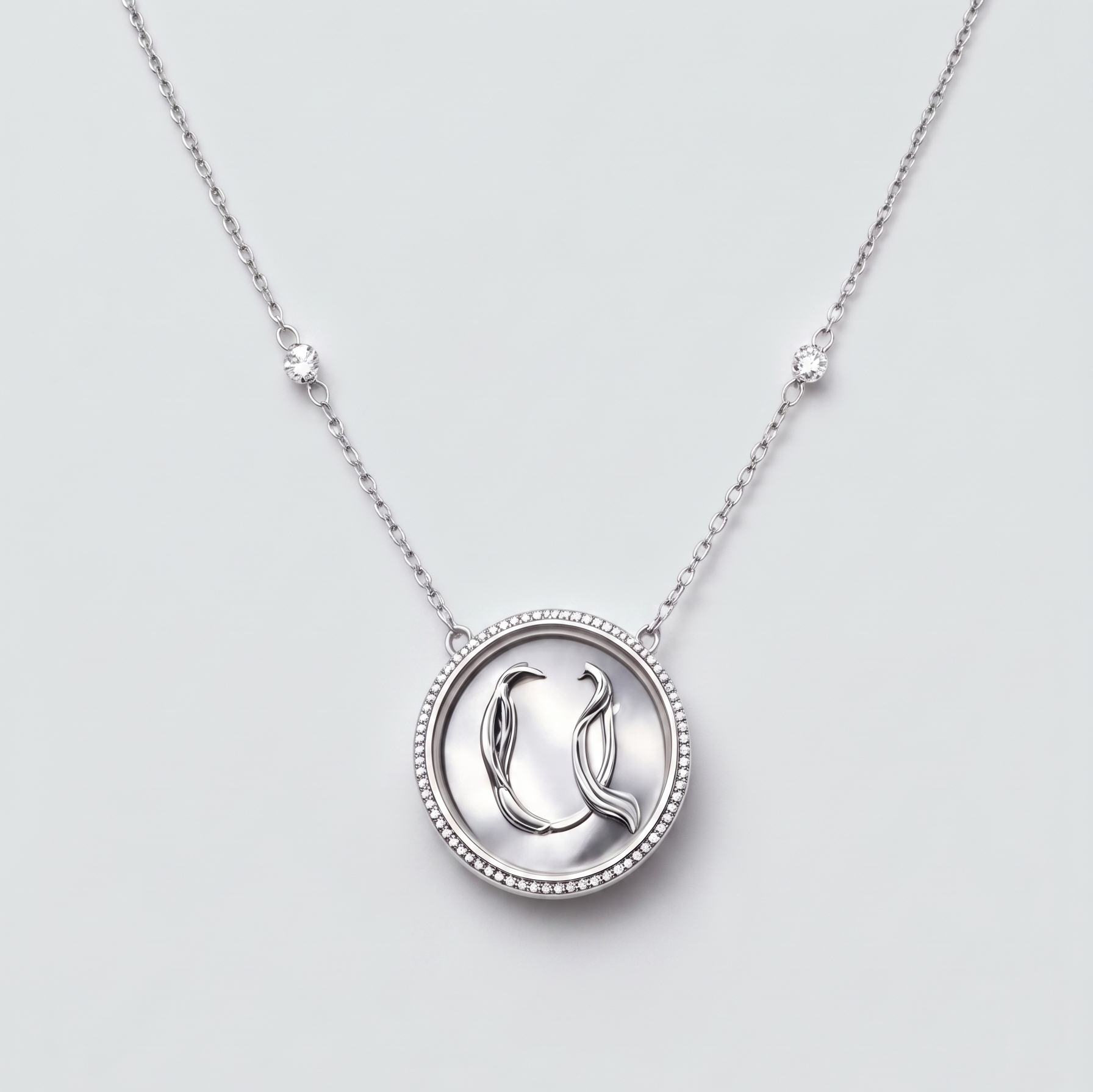 A silver pendant necklace featuring a circular bezel-set setting with a stylized letter 'Q' pendant, suspended from a delicate chain with two small accent beads on either side, set against a light gray background.