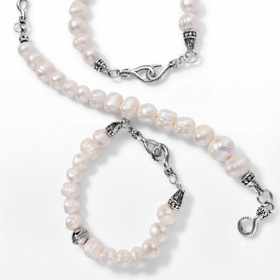 Two pearl bracelets with silver-toned clasp details, arranged on a clean white background.