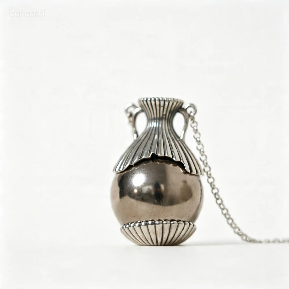 A silver urn-shaped pendant necklace with a ribbed textured neck and base, a polished metallic center sphere, and a delicate chain, shown on a plain white background.