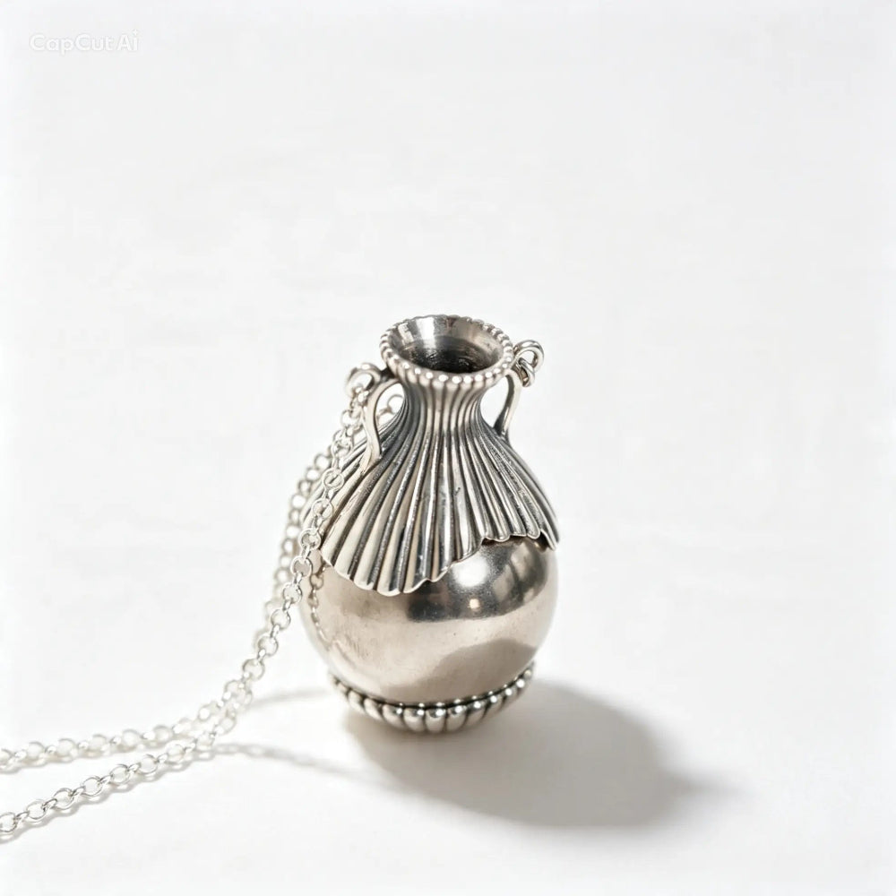 A silver urn-shaped pendant necklace with a detailed ribbed neck and a delicate chain, photographed on a clean white background.