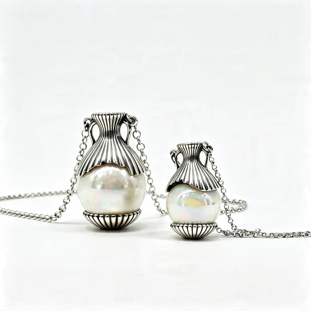 Two silver pendant necklaces with vase-shaped pendants and large white pearl-like spheres, displayed on a clean white background.