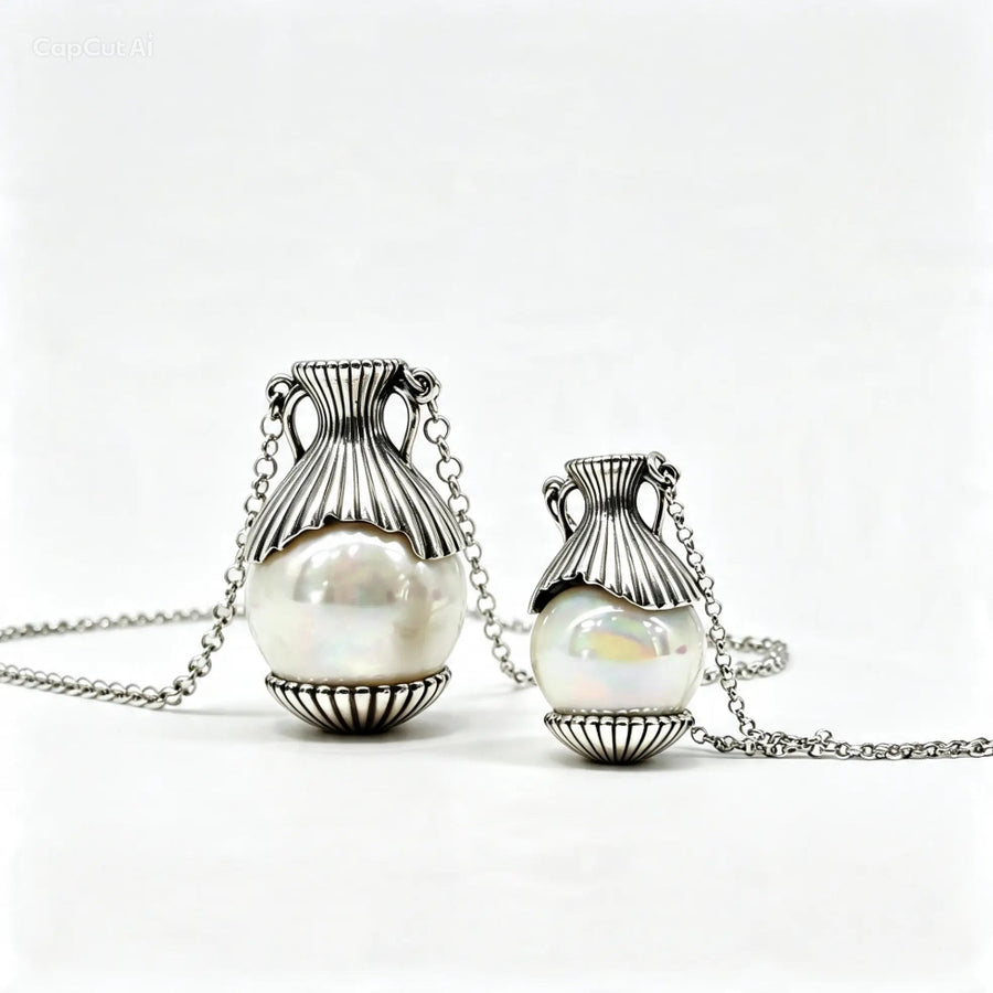Two silver pendant necklaces with vase-shaped pendants and large white pearl-like spheres, displayed on a clean white background.