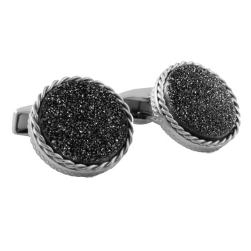 DRUSY ROUND CUFFLINKS IN SILVER WITH CHARCOAL DRUSY